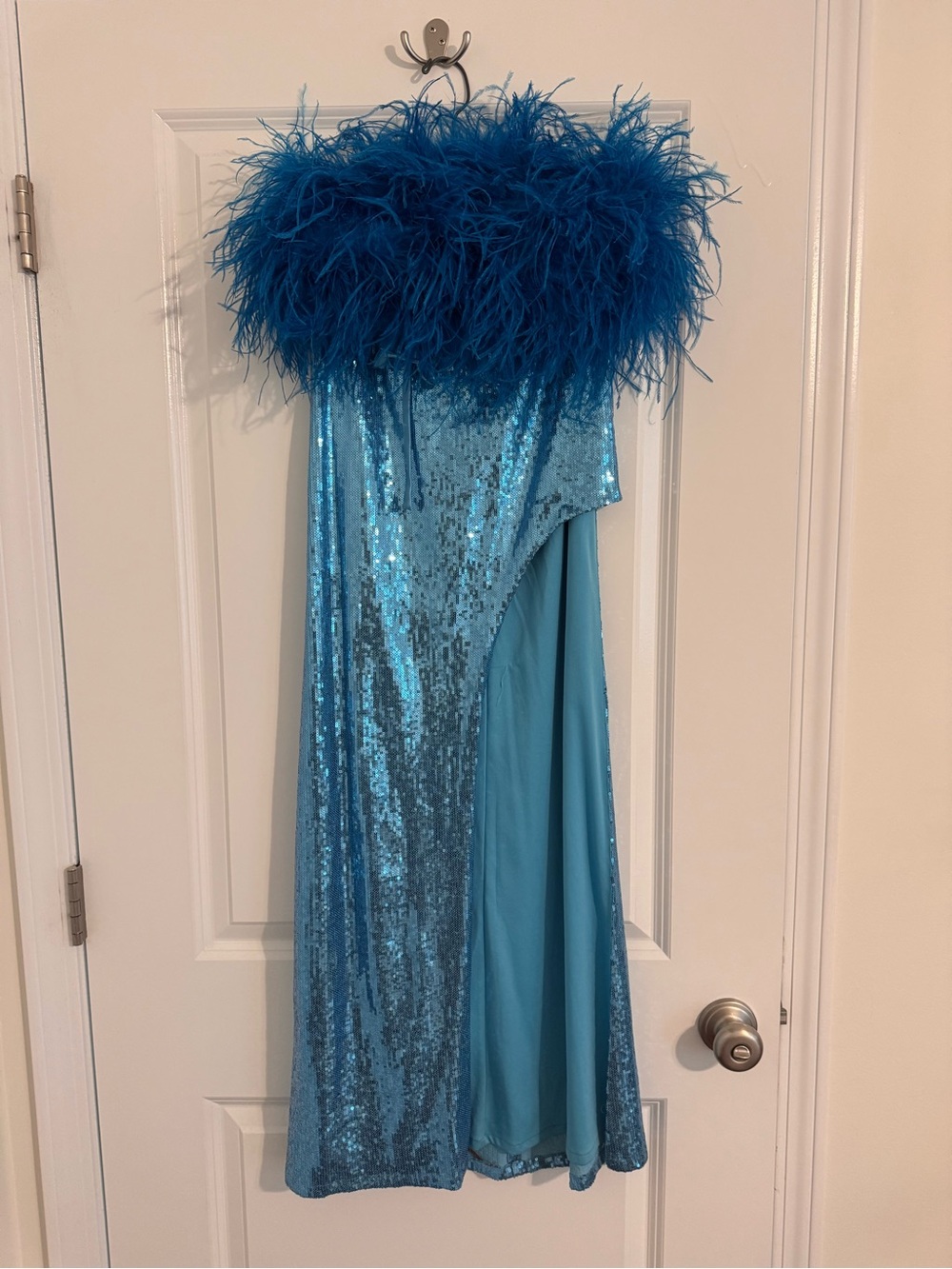 Turquoise Sequin Feather-Trim Kids Costume Dress